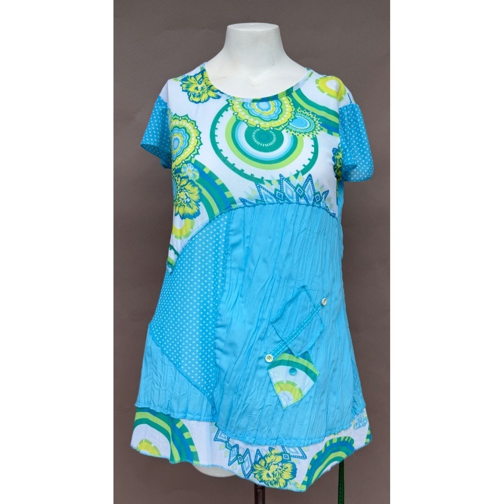 Mirror Image Blouse Womens Small Patchwork Tunic Top Asymmetrical Hem Flutter Sl